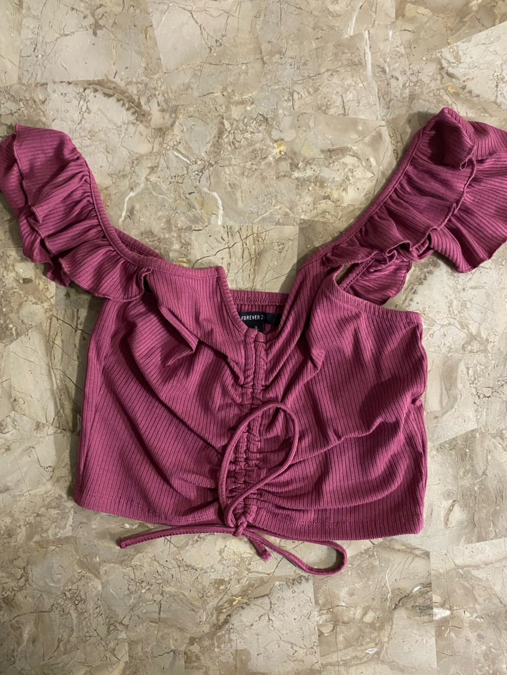 Forever 21 Mauve Ruffle-Shoulder Drawstring Crop Top